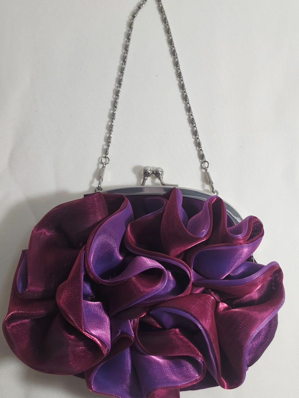 Elegant Burgundy & Purple Ruffle Satin & Mesh Evening Bag
